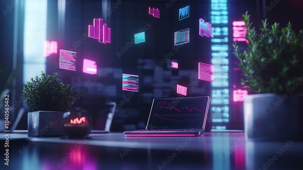 Poster 3d rendered office with data visualizations