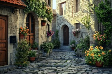 Fototapeta premium Quaint Village Scene with Cobblestone Streets