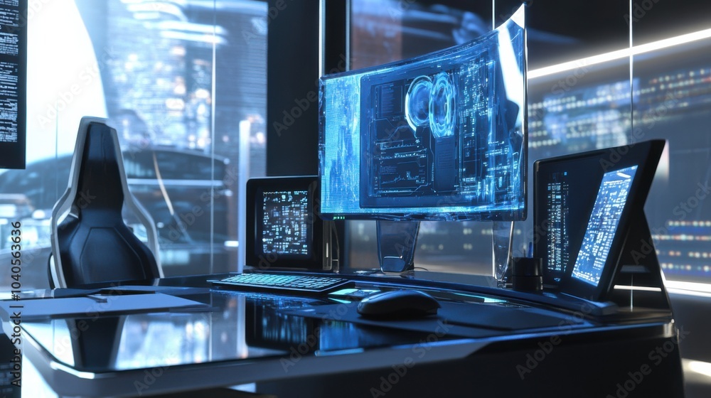 Poster a high-tech workstation with a transparent computer monitor, ergonomic chair, and a futuristic desk 