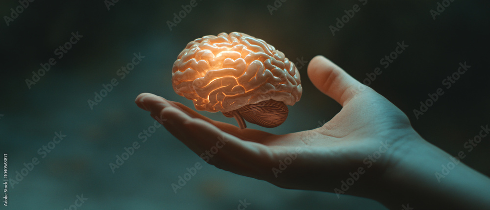 Poster glowing human brain held in open hand concept of knowledge and intelligence, glowing human brain hel