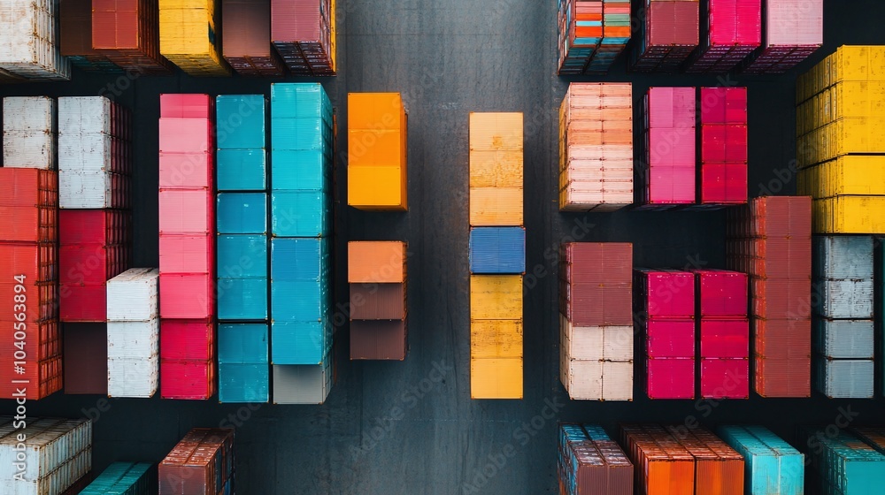 Poster aerial view of distribution center with colorful containers