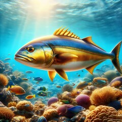 Naklejka premium coral reef with dorado fish underwater