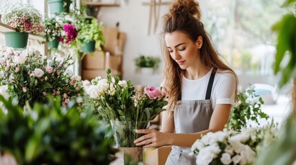 Woman tending to flowers in her bright floral shop, working on her startup, simple composition with minimal distractions.