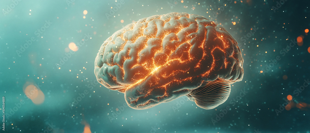 Poster abstract 3d render of a glowing human brain with sparks and bokeh, abstract 3d render of a glowing h