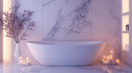 A luxurious bathroom with a freestanding bathtub, marble tiles, and scented candles