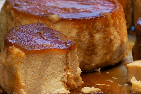 quesillo venezolano Homemade flan or Venezuelan cheese with whole caramel detail