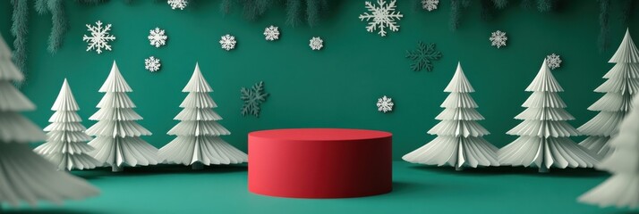 3D animated Christmas scene with paper trees and snowflakes around a red circular platform