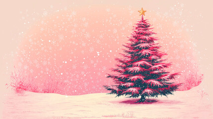 christmas card with a tree and snow