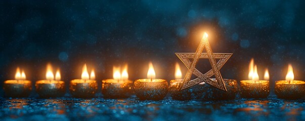 Star of David with candles on blue background. Hanukkah celebration concept. Jewish holiday and religious symbol. Judaism traditions. Banner, greeting card with copy space