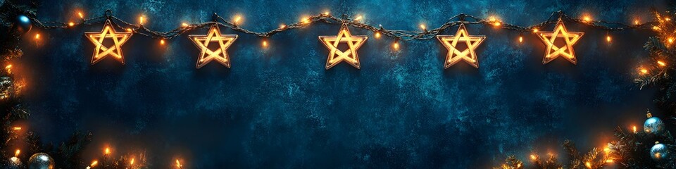 Fototapeta premium Star of David string lights on blue background. Hanukkah celebration concept. Jewish holiday and religious symbol. Judaism traditions. Banner, greeting card with copy space