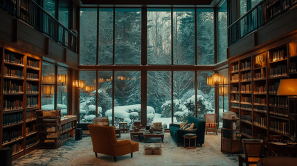  inside a huge library, with a large window in which a snowy forest can be seen.