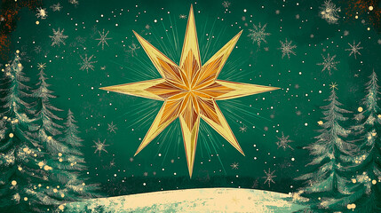 christmas card with giant golden star surrounded by snow-covered pine trees