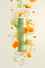 portrait of green bottle surrounded by a spiral of flowers and other elements of nature