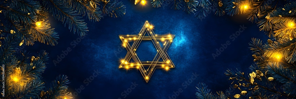 Wall mural Star of David decoration on blue background with garland. Hanukkah celebration concept. Jewish holiday and religious symbol. Judaism traditions. Banner, greeting card with copy space