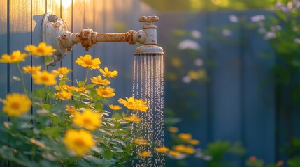 Rustic faucet with water flowing amidst vibrant flowers.