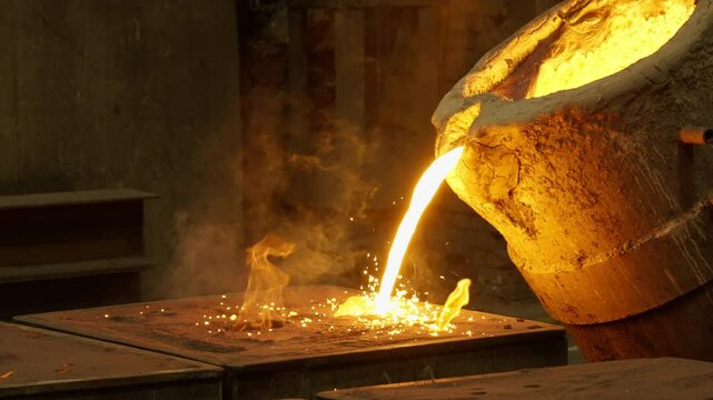 Red-hot steel is poured from large cat into special mold for manufacture of parts at metallurgical plant. A steel mill at moment of casting mold with hot metal and fire in close-up. Slow motion 120fps