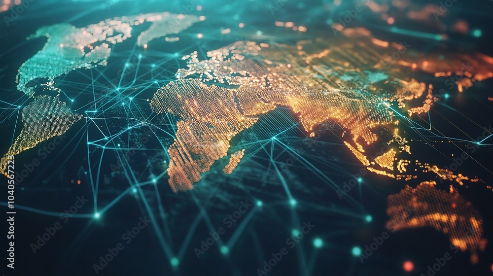Poster digital world map with connectivity lines overlay