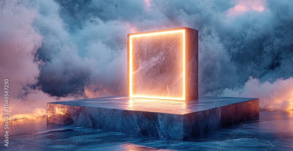 Poster 3d render of a glowing abstract cube on a platform surrounded by misty clouds and reflective water