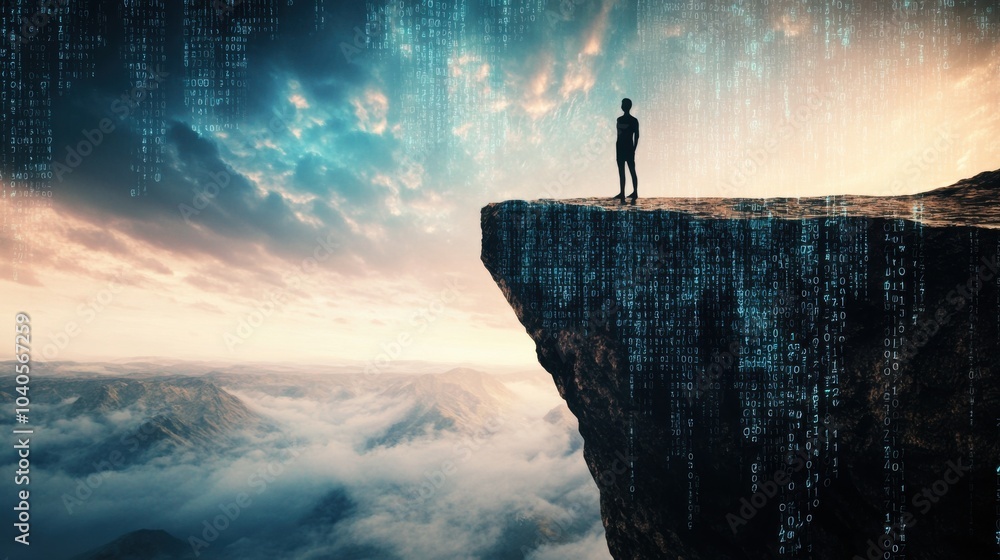 Poster A mesmerizing view of a person standing at the edge of a cliff, looking out at a vast digital landscape made of binary code, symbolizing the exploration and unknown possibilities in the digital age