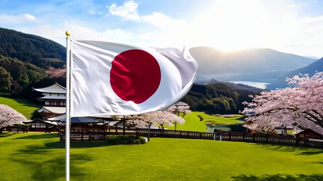 Japan flag waving against mountains landscape background. National celebration and patriotism concept. Democratic elections. Government and politics. Japanese culture. Spring season