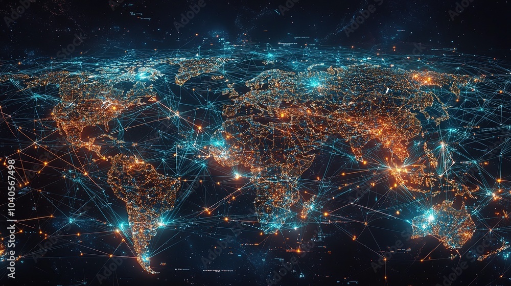 Poster digital world map with connection lines
