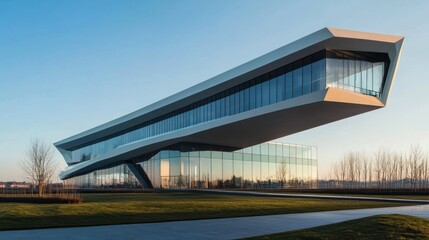 Obraz premium Modern Glass and Concrete Office Building with Geometric Design