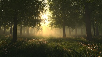 Naklejka premium A tranquil evening in a forest glade, with the last rays of sunlight filtering through the trees and a soft mist rising from the ground