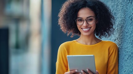 Smiling young woman holding and using a tablet, simple composition with minimal distractions.
