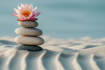 A serene pink lotus flower on stacked pebbles in gentle rippling sand