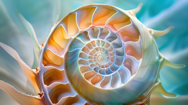 Abstract art piece featuring a nautilus shell with a detailed swirl. The shell's patterns are a stunning example of nature's design.