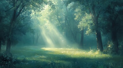 Obraz premium A tranquil evening in a forest glade, with the last rays of sunlight filtering through the trees and a soft mist rising from the ground