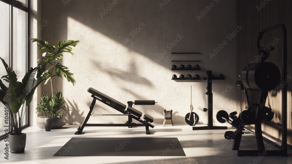 Poster A minimalist home gym with a sleek set of exercise equipment and an open space, symbolizing a modern approach to fitness, Fitness scene
