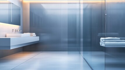 Fototapeta premium A minimalist, high-end bathroom with a glass shower, floating vanity