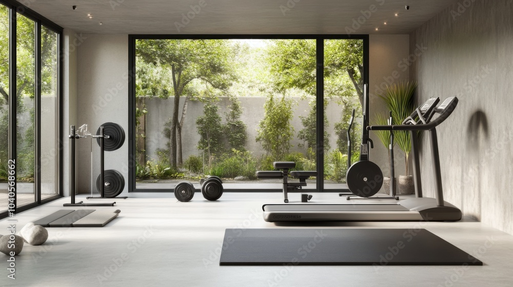 Poster a minimalist home gym with a sleek set of exercise equipment and an open space, symbolizing a modern