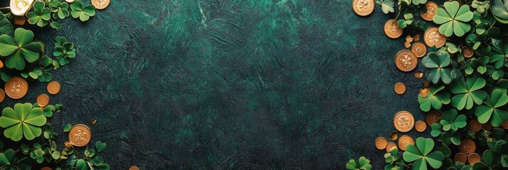 Decorative green background with clovers, gold coins, and a festive hat for a celebration