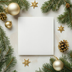 Blank Square Invitation Card Mockup Background with Festive Pine Branches and Holiday Decor