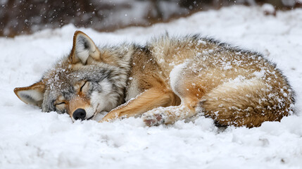 Obraz premium Peaceful Wolf Sleeping in Snowy Winter Landscape Photography - A tranquil wolf peacefully sleeping on a snowy ground, surrounded by a pristine winter landscape