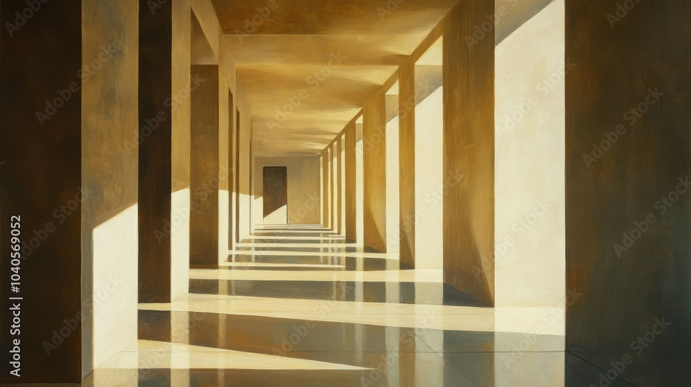 Poster a perspective of a long, light-filled corridor with vertical columns