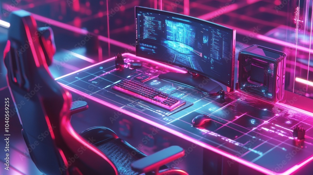 Poster neon-lit gaming setup with a curved monitor and a futuristic desk