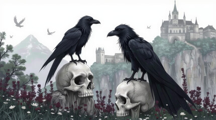 Schwarzer Rabe auf einem Schädel vor einer mystischen Kulisse

