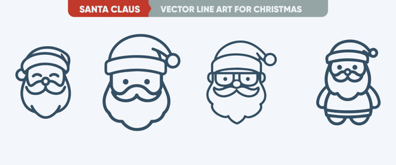 Minimal Outline Santa Claus Christmas Icon Set - Simple Thin Line Web Icon Set Vector Illustration
