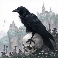 Schwarzer Rabe auf einem Schädel vor einer mystischen Kulisse

