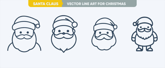 Simple Santa Claus Christmas Line Icon Set - Minimal Outline Web Icon Set Thin Vector Illustration
