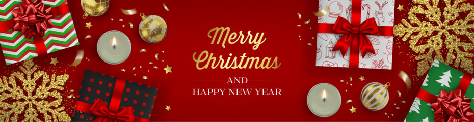 christmas banner with realistic gift boxes with red bow, christmas balls and candles	
