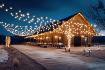Sparkling lights illuminate a rustic barn venue during a serene evening in the countryside