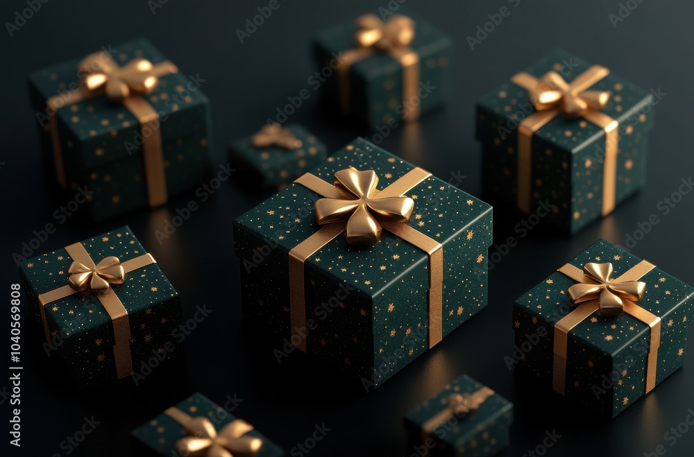 Poster elegant 3d rendering of multiple dark green gift boxes with gold ribbons and star patterns on a dark