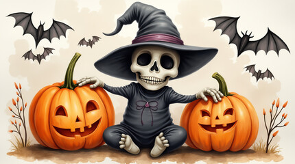 S&uuml;&szlig;er Skelett-Zauberer umgeben von K&uuml;rbissen und Flederm&auml;usen

