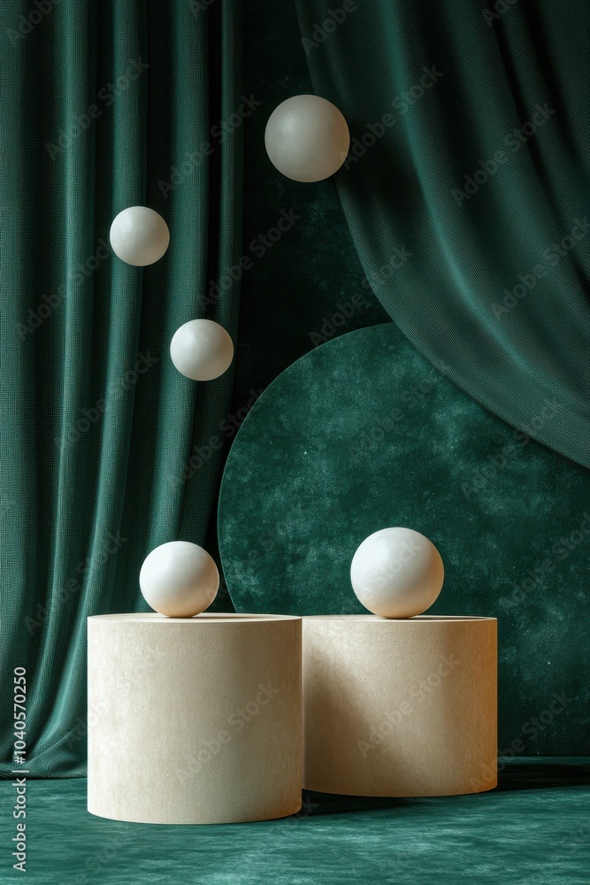 Poster minimalist 3d rendering of two beige podiums with floating spheres on a dark green backdrop with cur