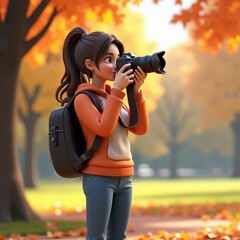 Cartoon-style photographer taking pictures in an autumn park. The animated character is holding a camera and capturing nature in the fall season, creating a peaceful and creative environment.
