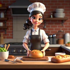 Cartoon-style chef baking bread in a cozy kitchen. The animated character is smiling while preparing freshly baked loaves, creating a warm and professional culinary atmosphere.
